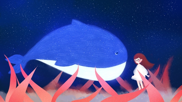 深海遇鲸少女可爱扁平原创插画