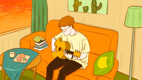 原创一个人生活弹吉他的男孩插画