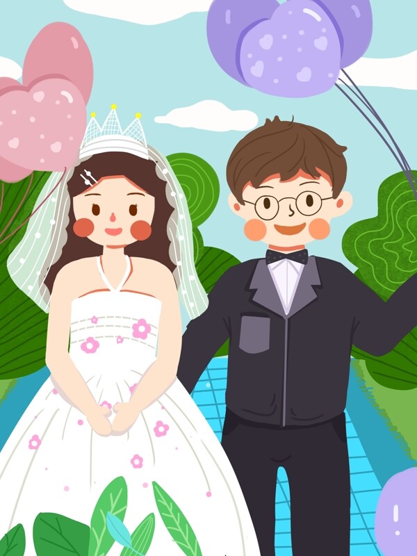 温馨浪漫婚礼气球场景插画