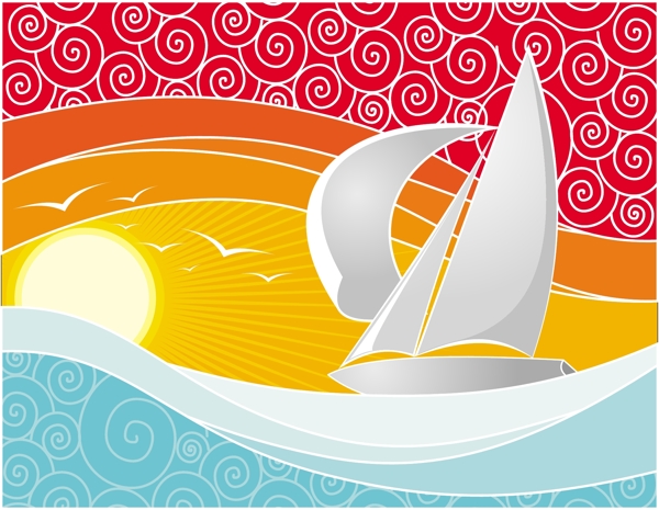 夕阳海浪帆船背景图片