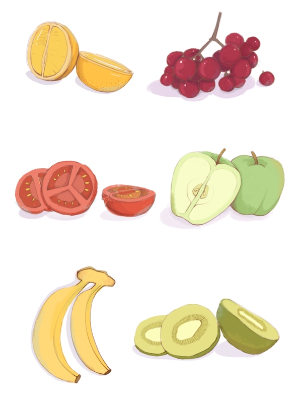 手绘食物水果桔子葡萄番茄苹果香蕉
