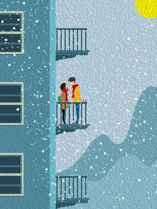 唯美站在阳台的情侣小寒背景素材