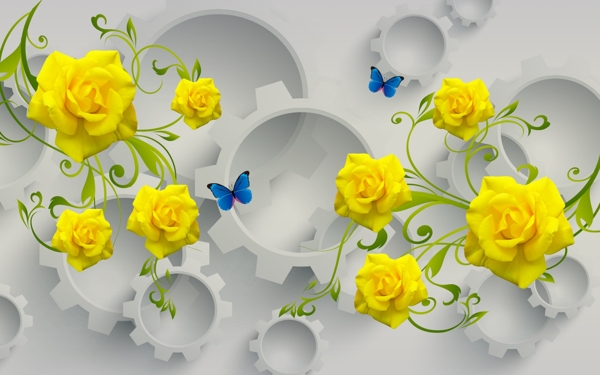 3D齿轮黄玫瑰梦幻花朵背景墙