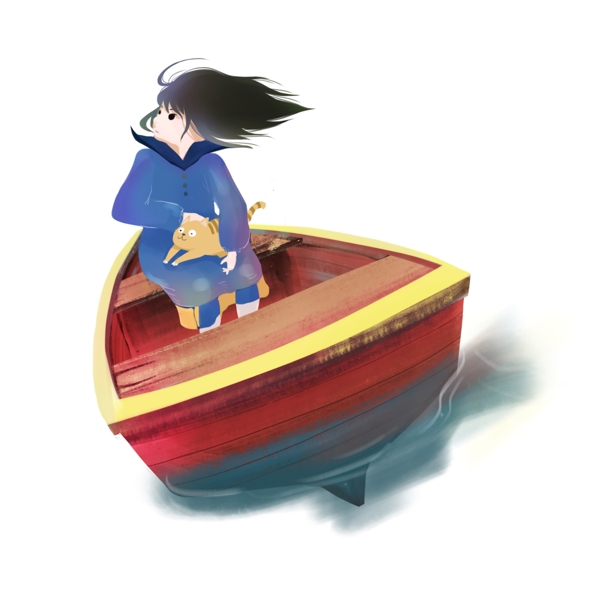 船上的女孩插画人物元素