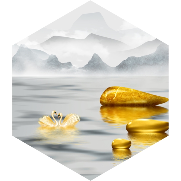新中式金色水墨意境山水装饰画
