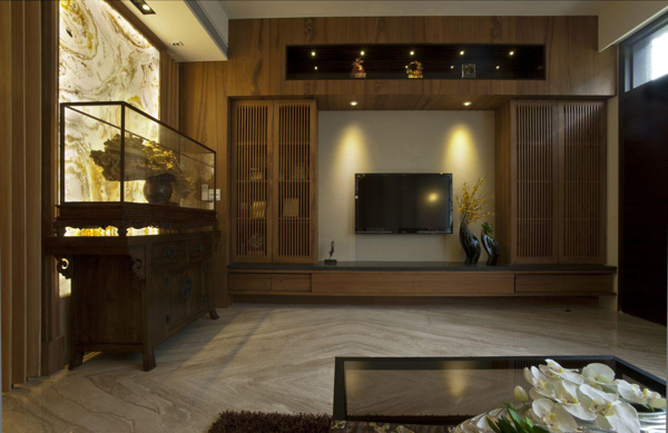 中式时尚客厅木制背景墙室内装修效果图