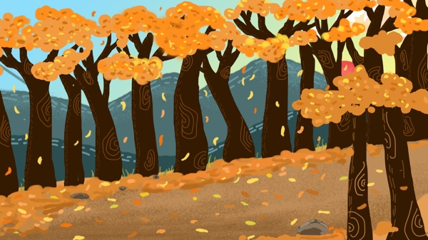 秋季树林落叶唯美插画背景设计