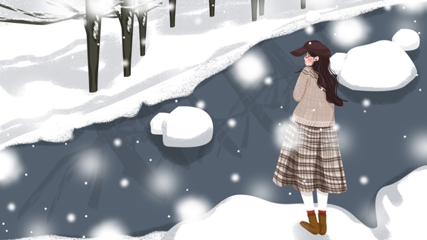 原创1月你好雪中的女孩卡通插画