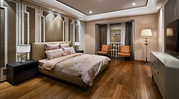 现代时尚感卧室白褐色背景墙室内装修效果图