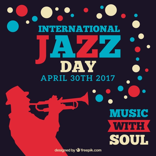 国际爵士乐日背景和小号手和彩色圈