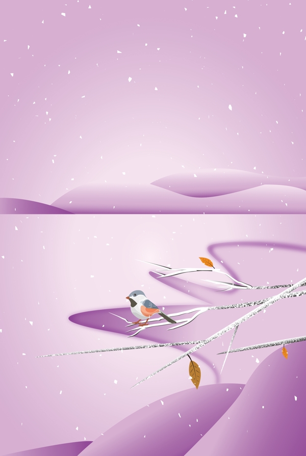 粉色系霜降节气雪地树枝小鸟背景设计