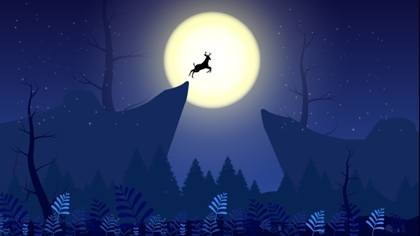 深夜里的鹿飞跃悬崖