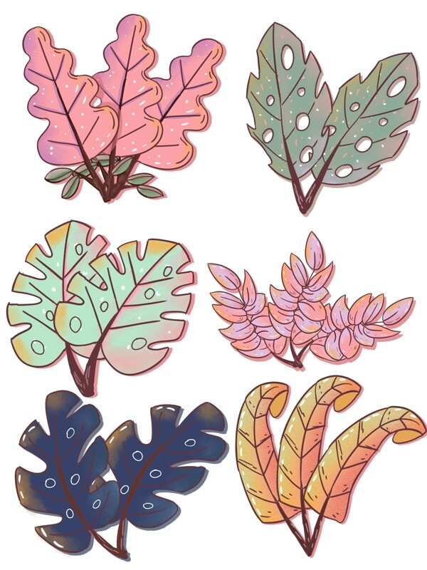 卡通可爱手绘彩色植物叶子装饰元素
