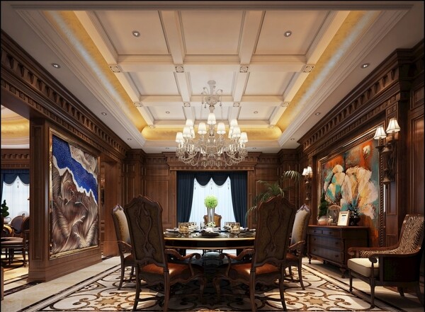 美式古典奢华餐厅效果图3D模型