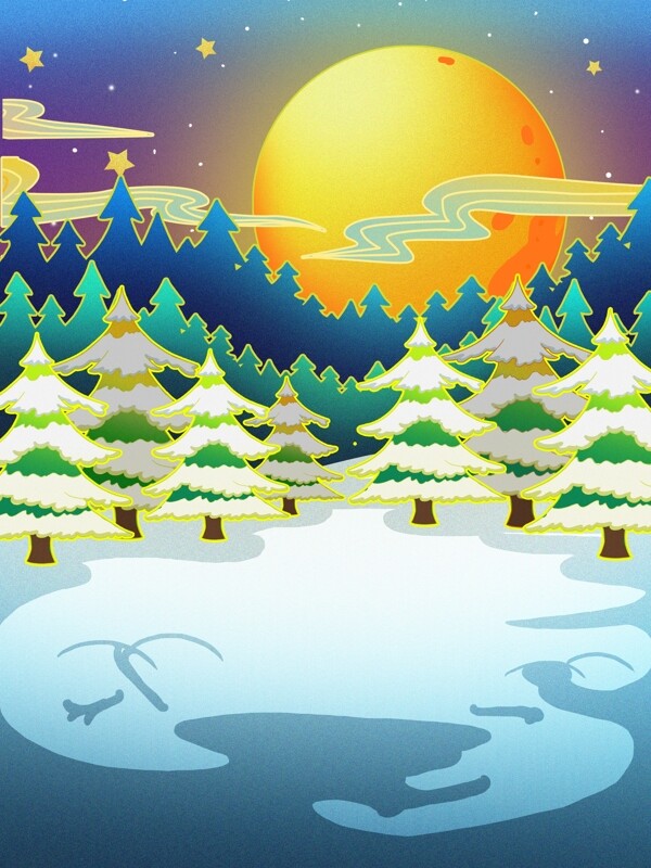 手绘雪地圣诞树圆月背景设计