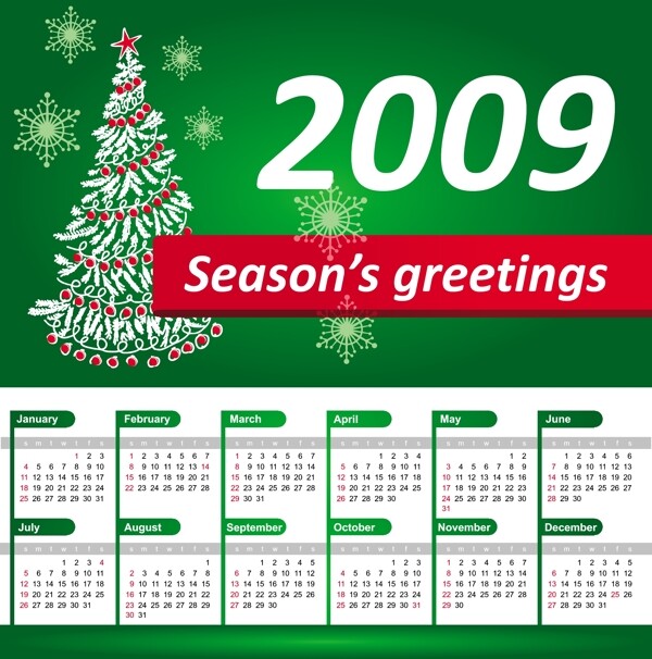 矢量日历年历圣诞节新年2009.圆形雪花星星圣诞树动感线条