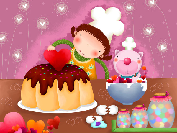 做蛋糕的小女孩多彩卡通背景