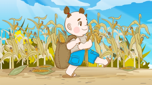二十四节气立秋季节掰玉米收玉米手绘插画