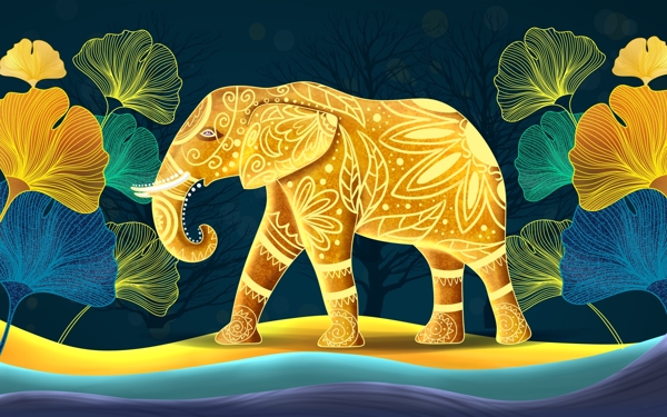 大象国风插画卡通背景素材