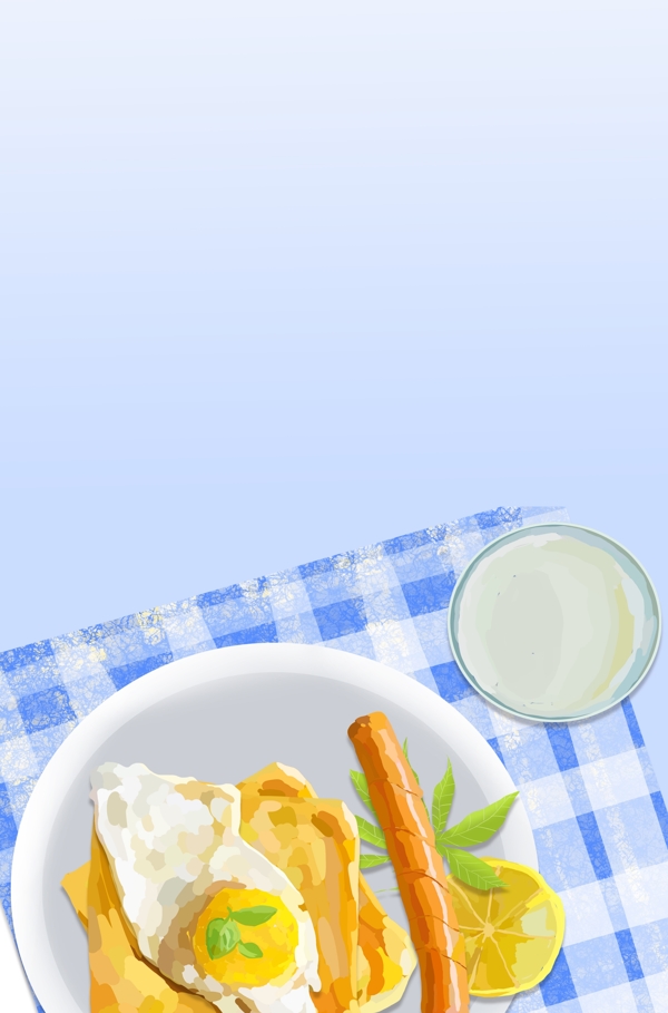 清新美食早餐手绘蓝色桌布广告背景