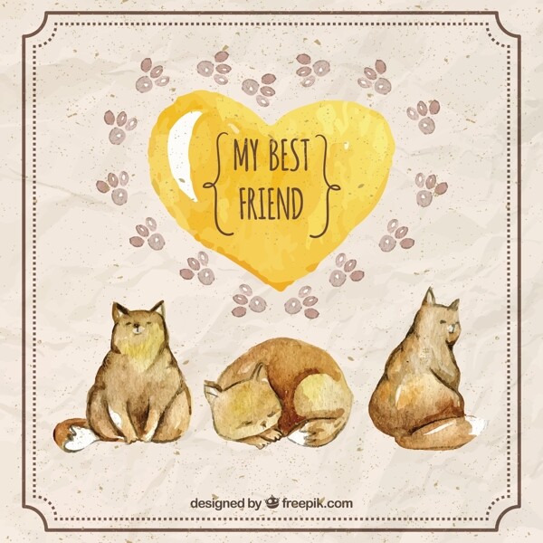水彩可爱的猫黄色的心