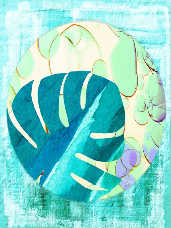 简约蓝色龟背竹客厅装饰画