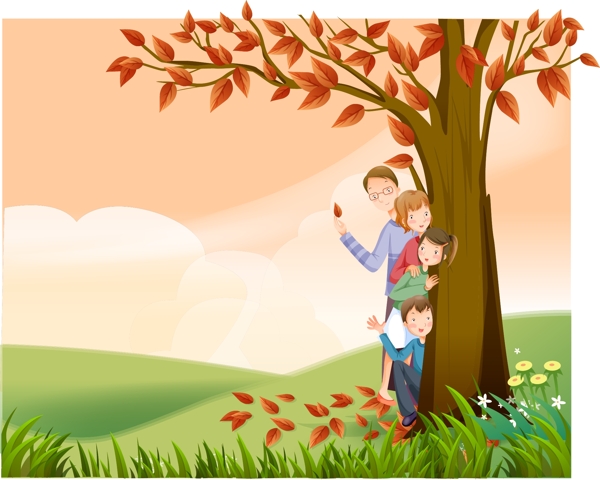 红叶树下的幸福一家人图片
