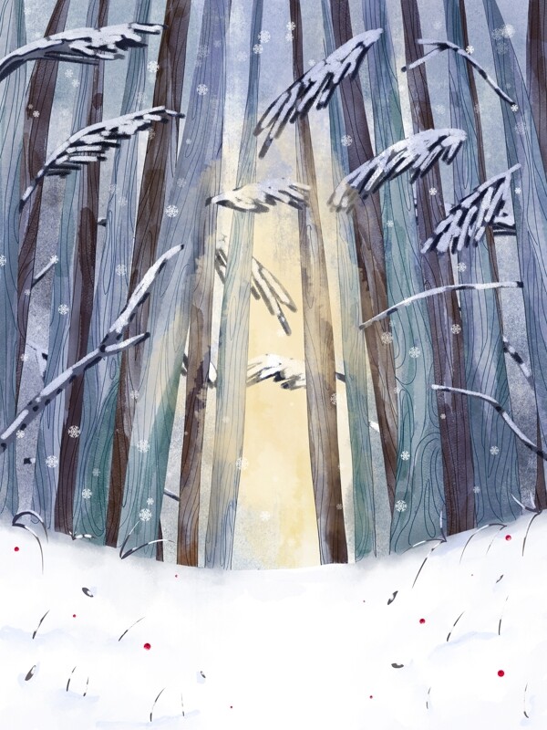 彩绘冬季树林雪地背景设计
