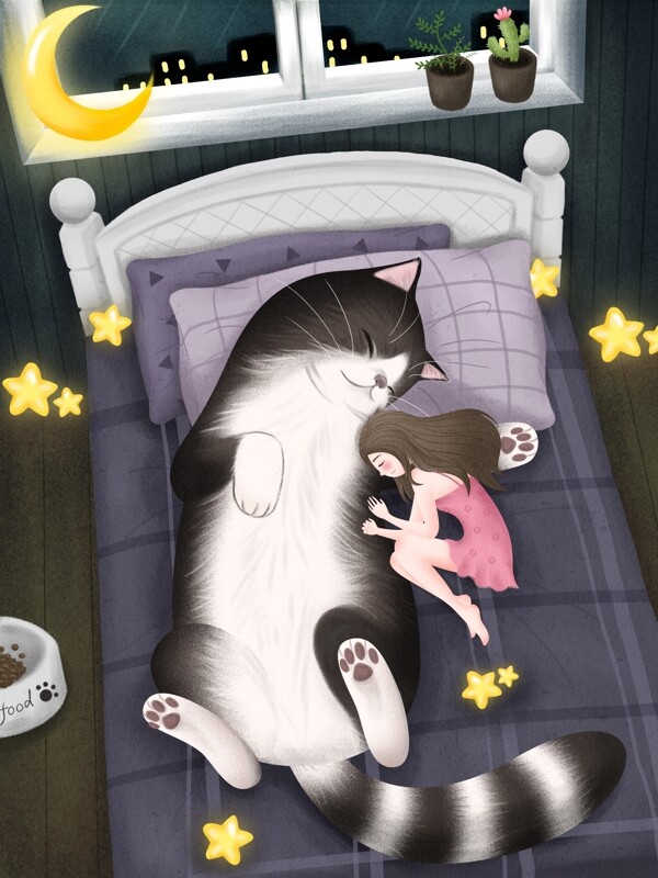 晚安世界女孩猫咪睡觉治愈系手绘插画