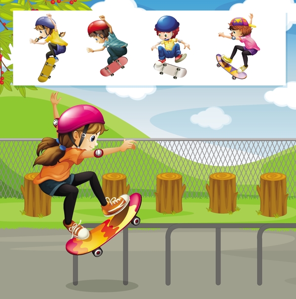 孩子们在公园玩滑板插画