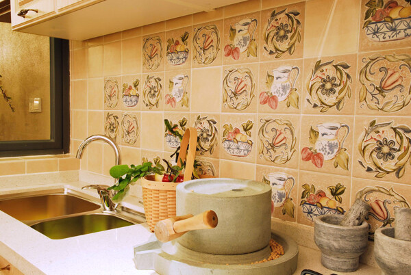 田园地中海厨房花纹墙壁装修效果图