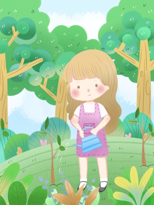 原创绿色植树节环保种植浇水的女孩