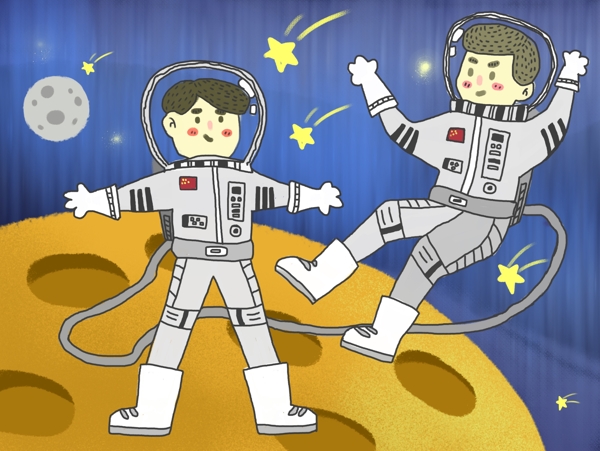 原创卡通航天日宇航员太空漫步插画