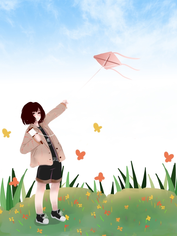 春季郊外女孩放风筝背景