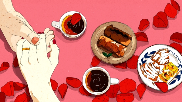 原创美食系美味爱情玫瑰花与咖啡插画
