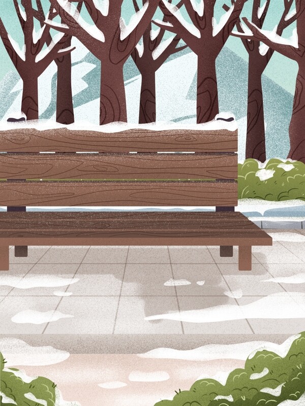 手绘树林中的长椅背景素材