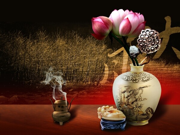 中国风莲花香炉装饰壁画