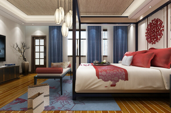 新中式卧室室内装饰装修效果图