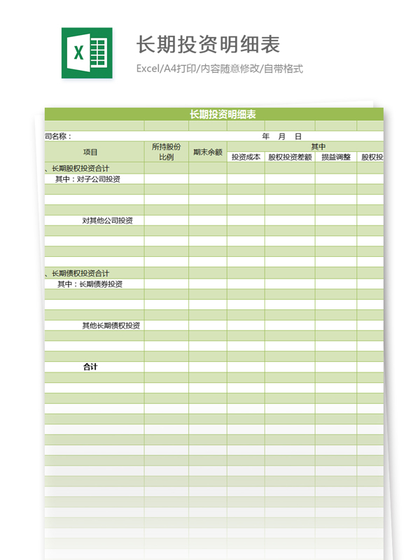 长期投资明细表excel模板
