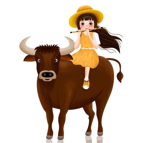 卡通手绘骑着牛吹笛子的女孩