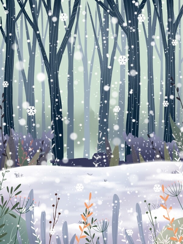 手绘唯美浪漫树林雪景背景