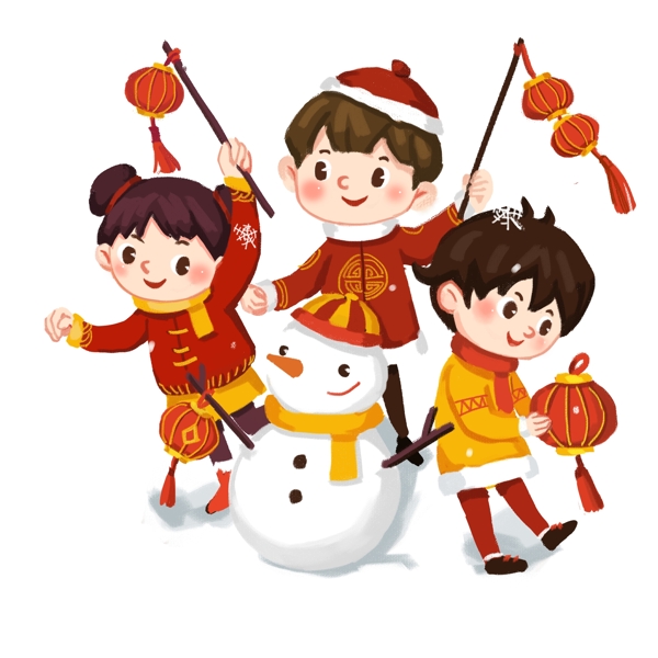 2019年手绘中国风小朋友堆雪人过新年