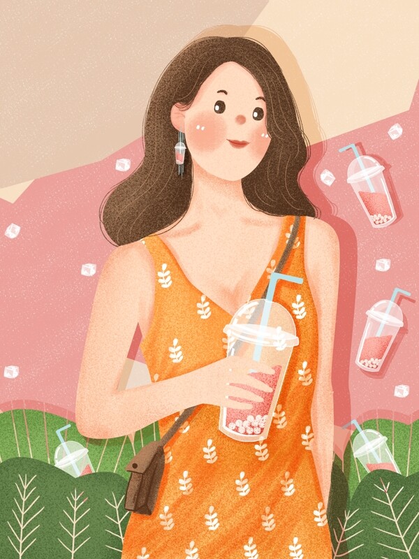 粉色彩绘创意插画夏季饮料女孩背景设计