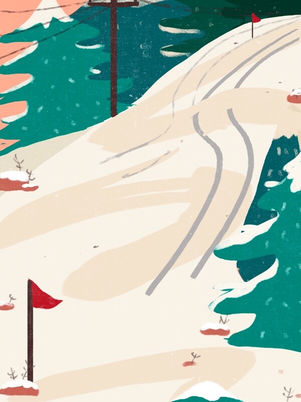 彩绘冬季雪山树林背景设计