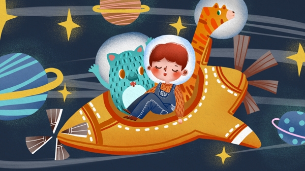 国际儿童日小孩和宠物坐飞机在太空遨游