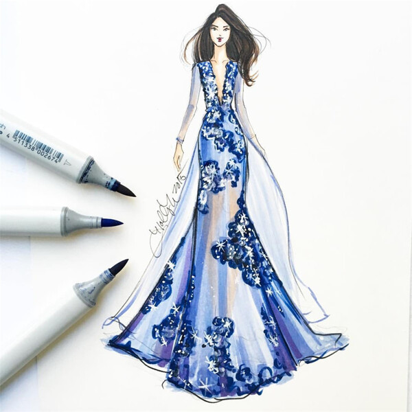 蓝色花朵深V礼服设计图
