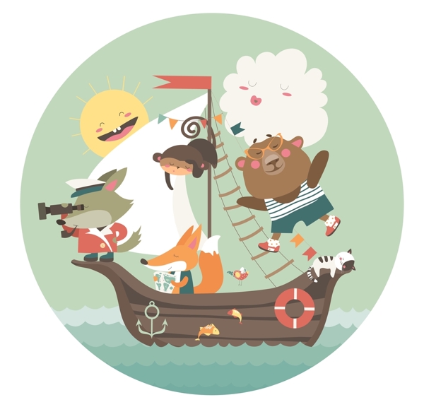 海盗船北欧森系动物插画