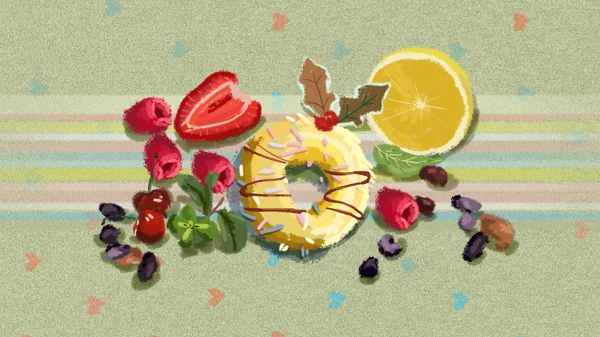 甜点美食甜甜圈柠檬草莓小清新插画
