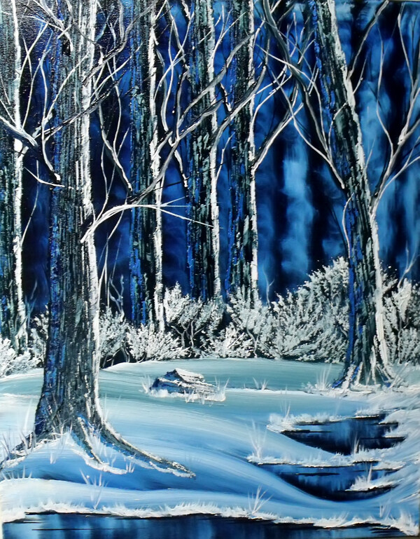 油画冬天的树林图片