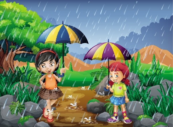 卡通雨季儿童